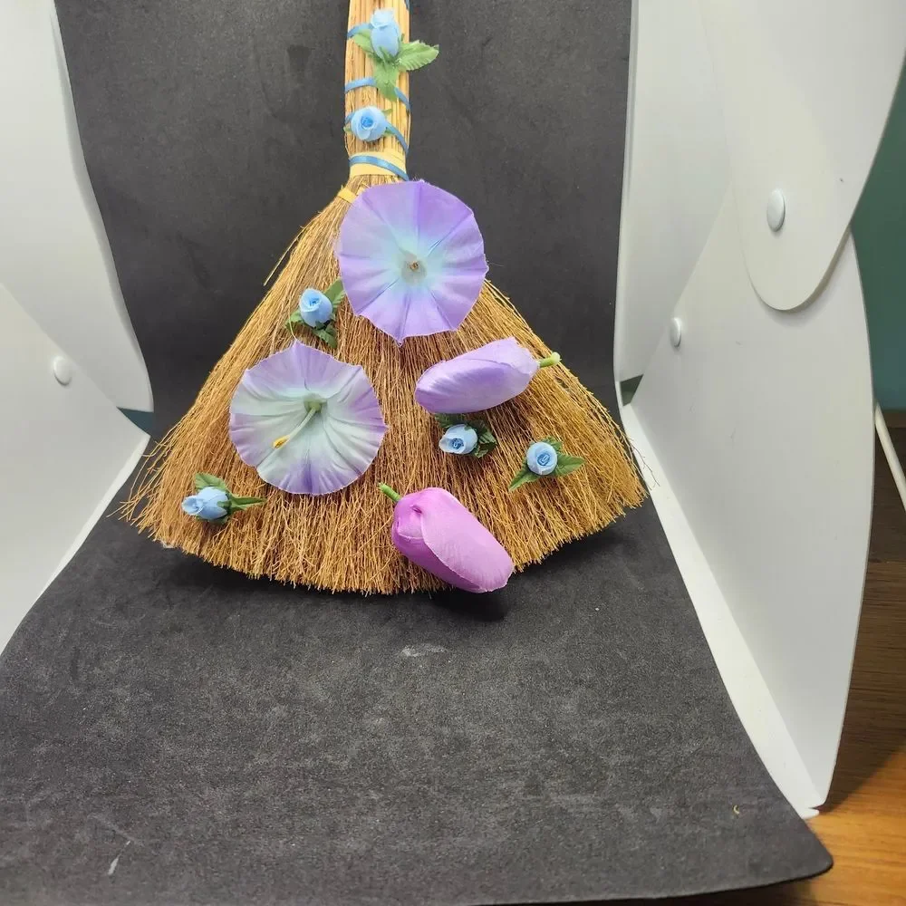 Hand Crafted Decorative Spring Broom  Purple Tulips Blue Morning GloryFlowers